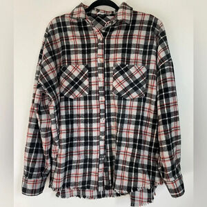 White Birch Womens Plaid Flannel Shacket Distressed Hem Black White Size 1XL